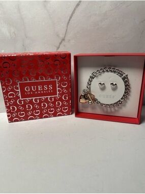 GUESS Two-Tone Heart Charm Bracelet with Heart Stud Earrings Gift Set Y2K